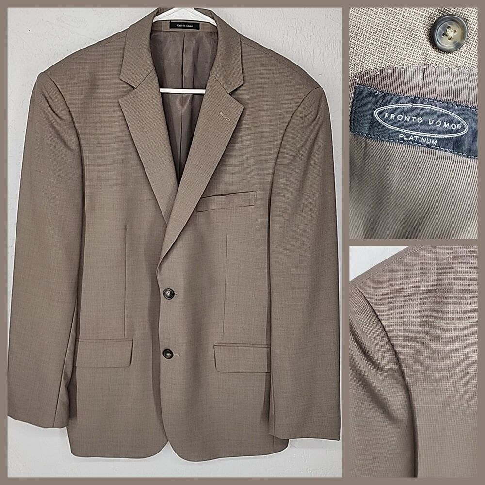 Pronto Uomo Platinum 42L | 100% Wool Brown Tan Check Sport Coat Jacket‎ Blazer